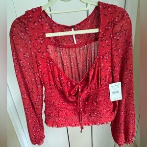 Free people NWT CHERRY COMBO Women's Red Floral Long Sleeve blouse ret:$98 sz S